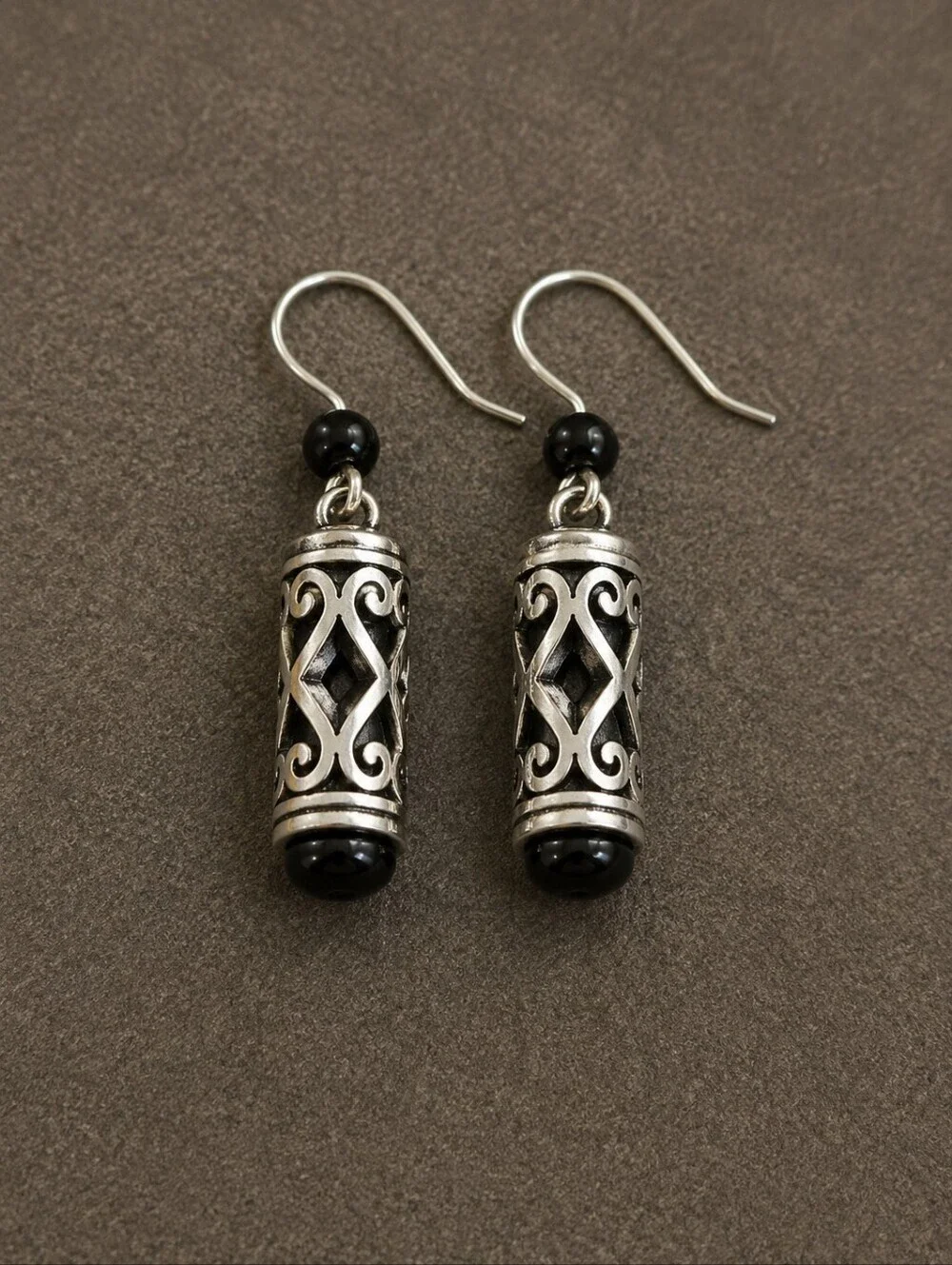 BRIGHTON Silver Plated Barrel Scroll Beaded Dangle Hook Earrings